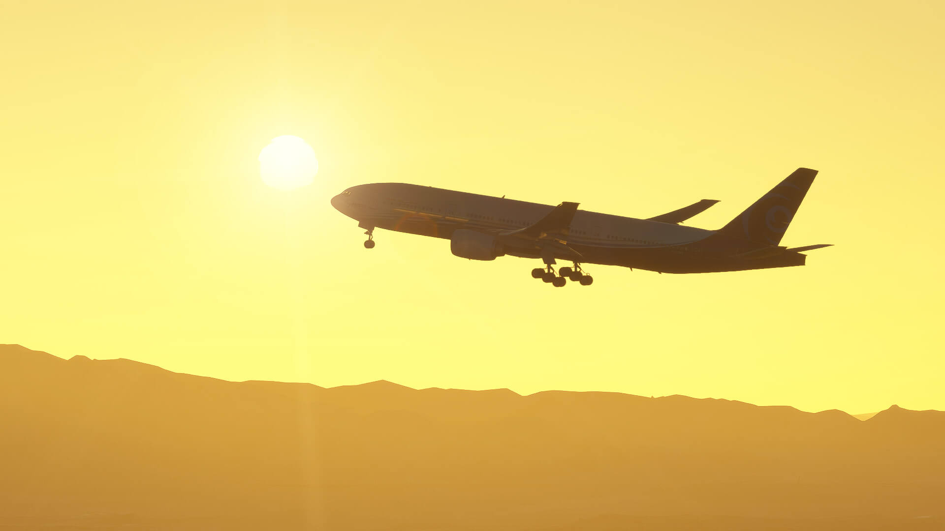 A Boeing 777 flying with landing gear down, silhouetted by the sun