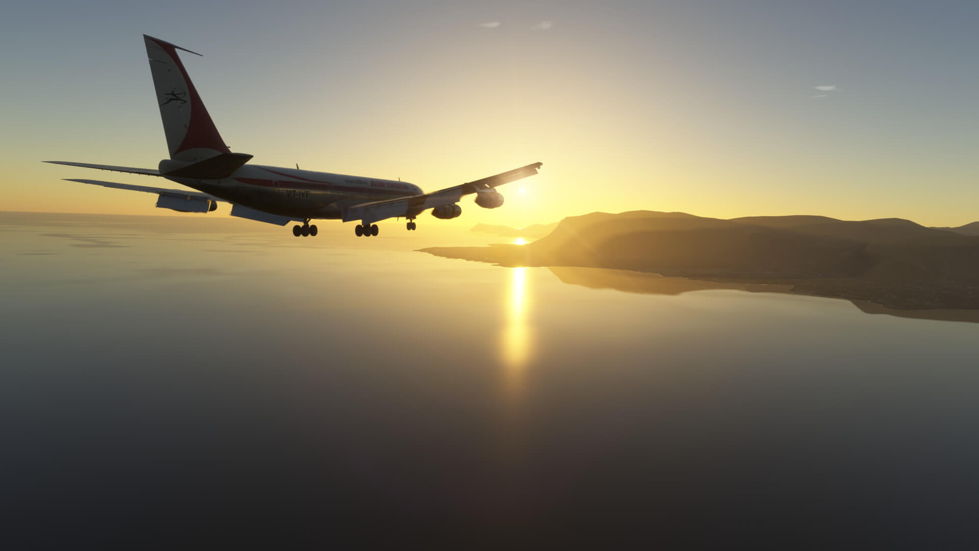A Boeing 707 approaches to land during sunset