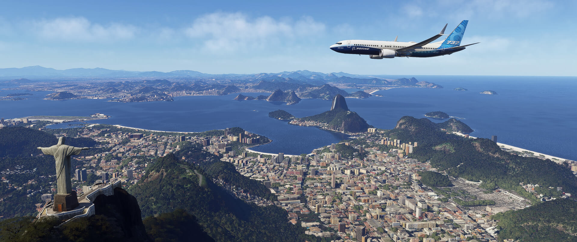 A Boeing 737 flies over the city of Rio de Janeiro