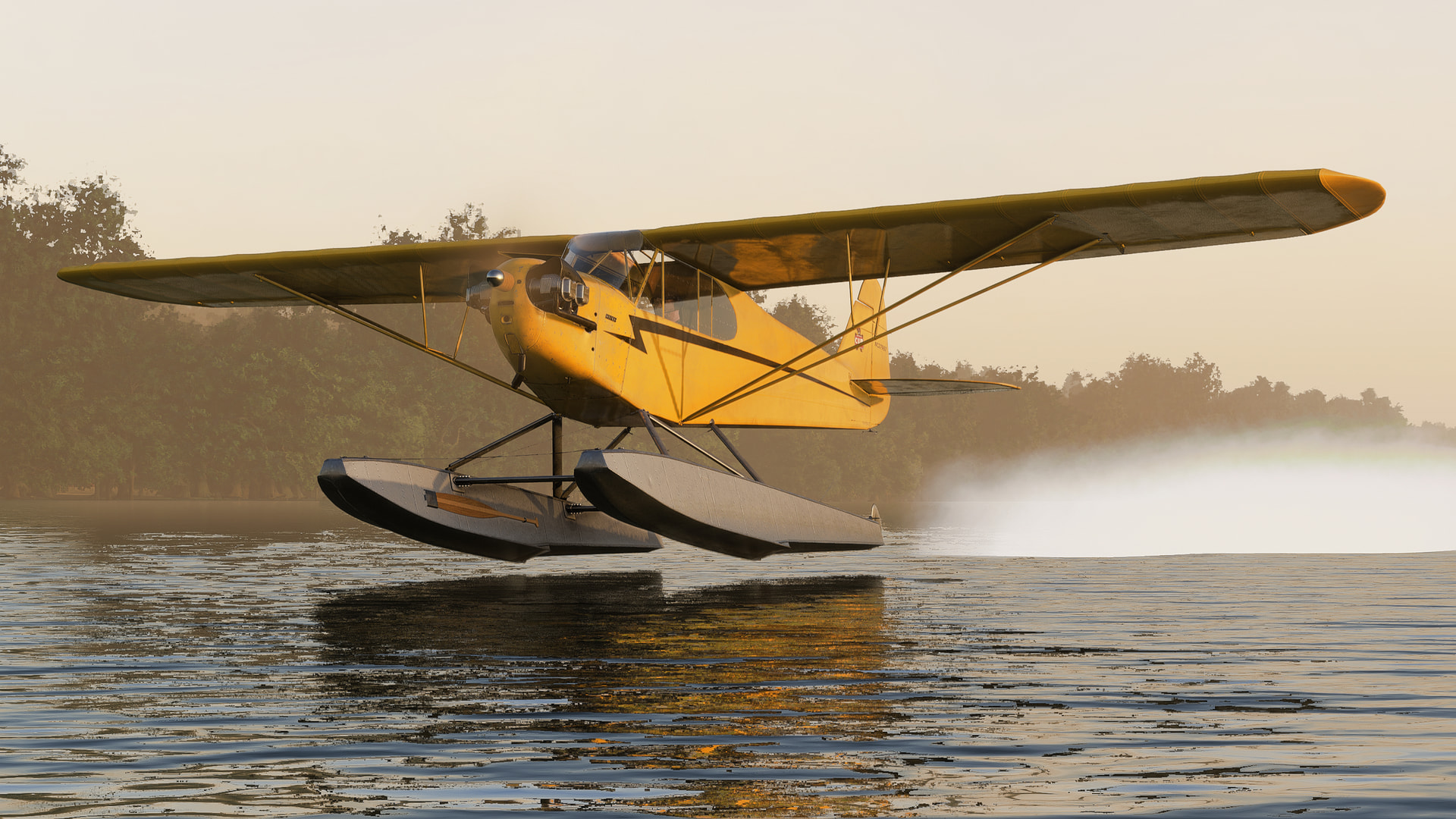 A yellow high-wing propeller aircraft takes off on water