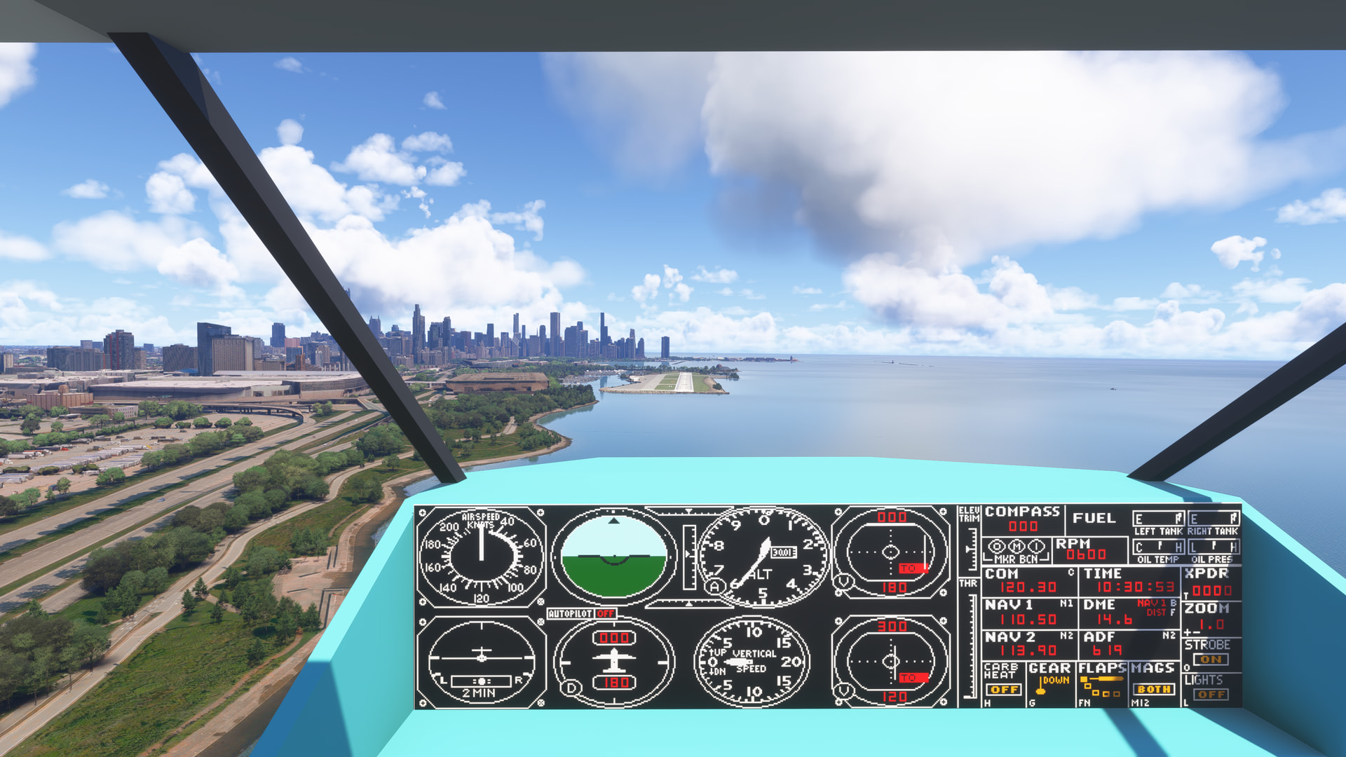 Retro Flight Simulator cockpit view into Miegs Field