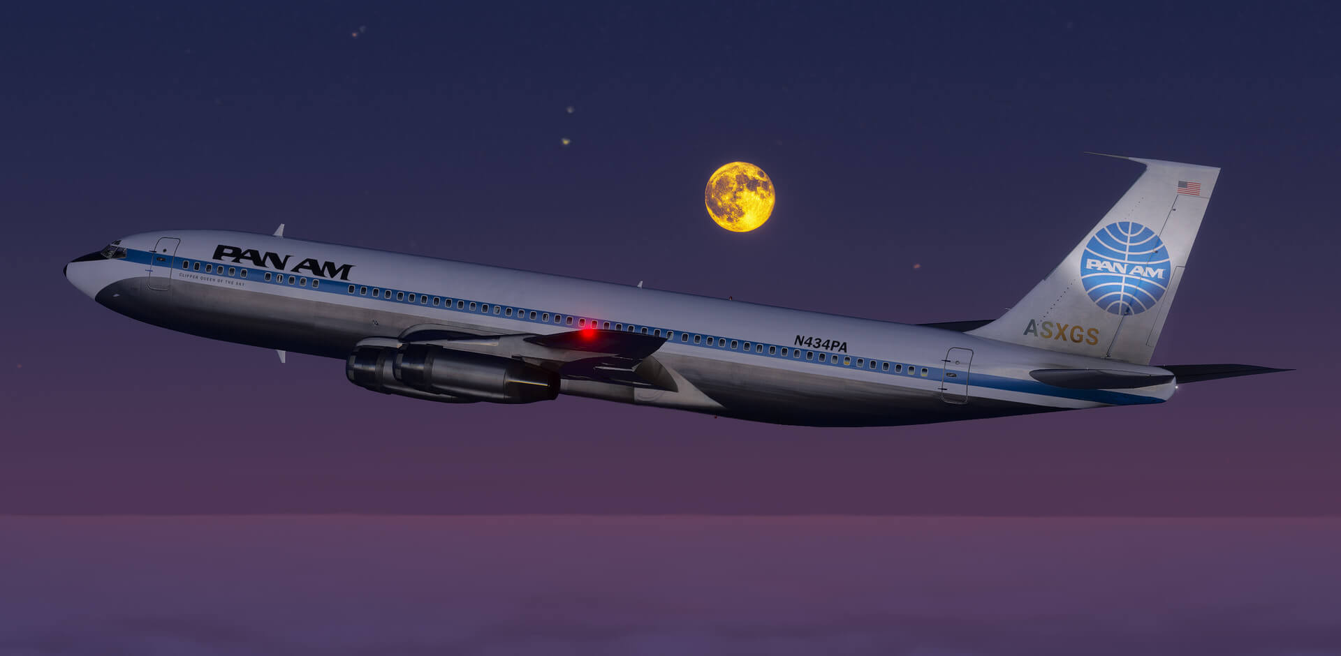 A Panam Boeing 707 cruising at night