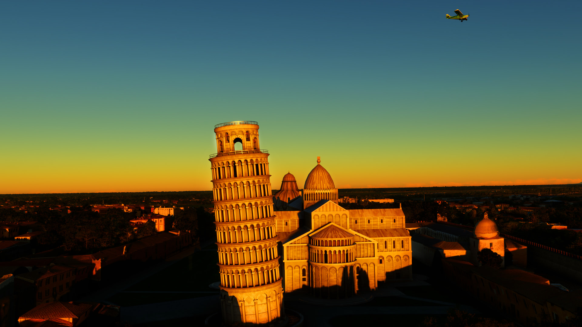 A high wing propeller aircraft flies over the Leaning Tower of Pisa