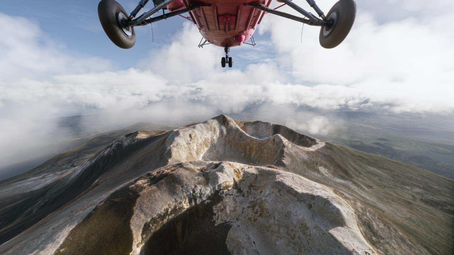 An aircraft flies directly over Mount Etna