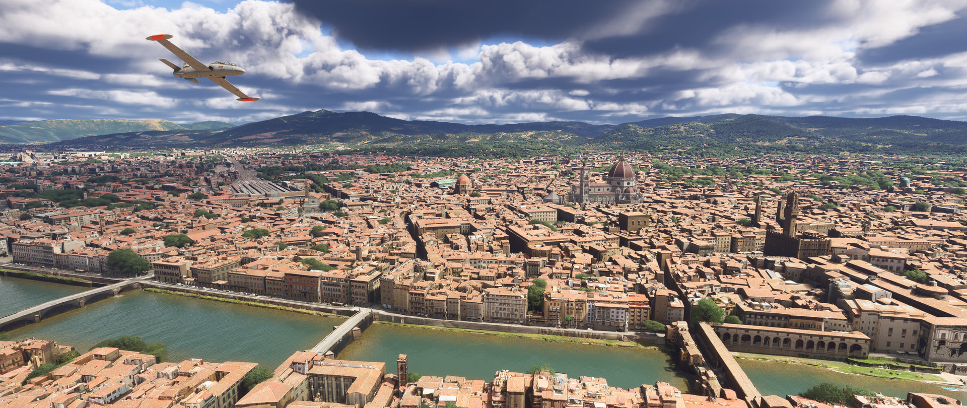 A jet flies over a densely populated city