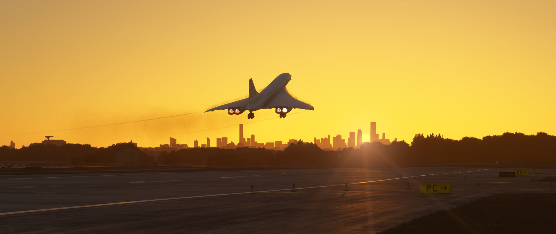 Concorde takes off from a runway during sunset