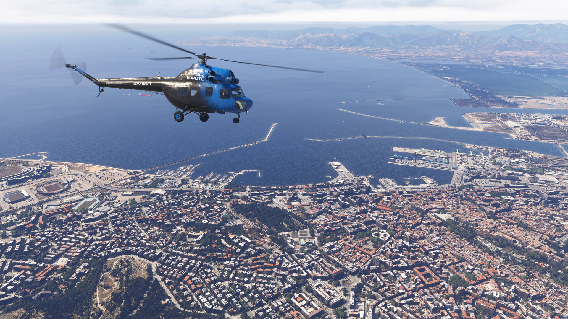 A Helicopter flies over a coastal city