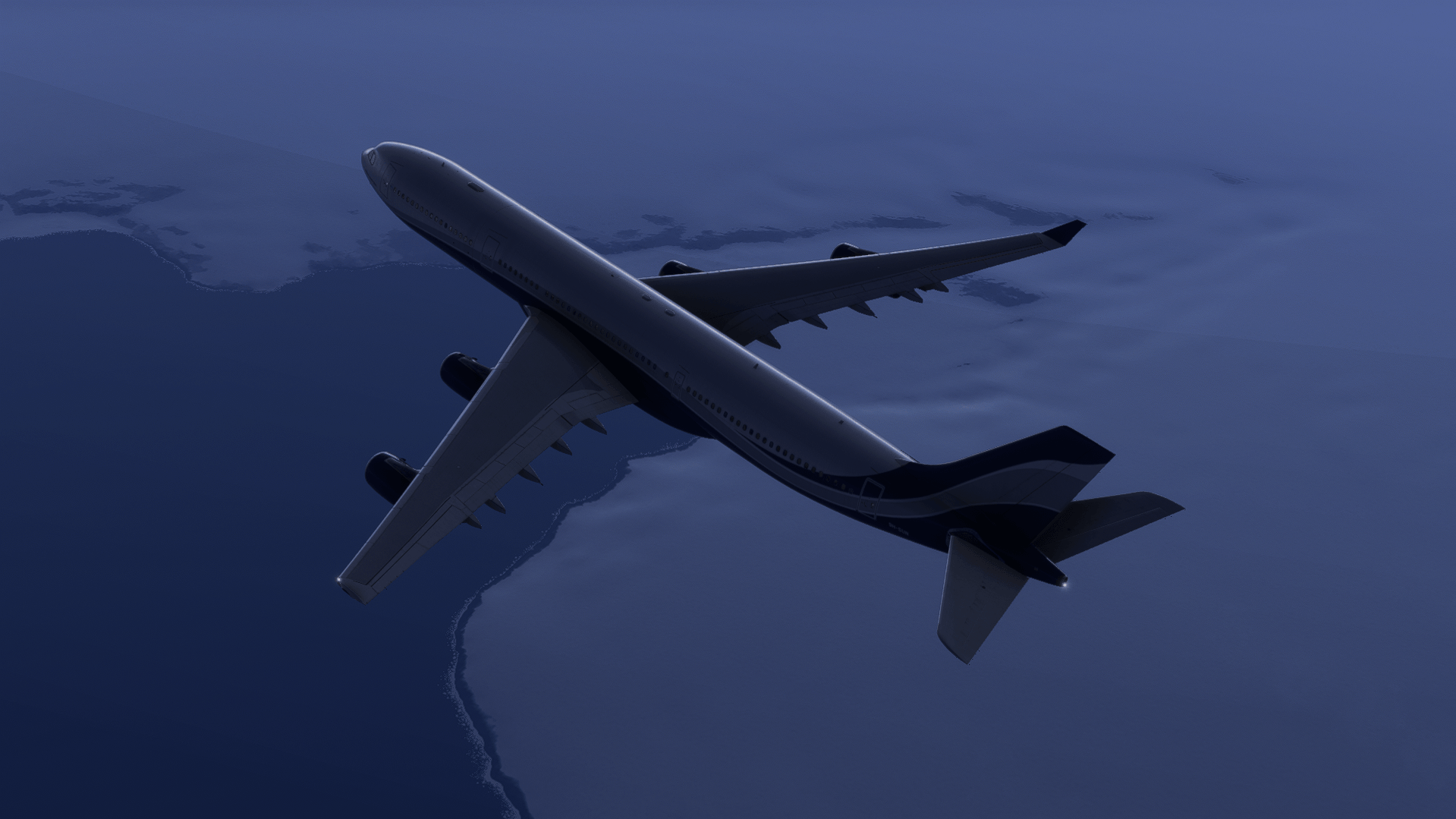 An Airbus A340 flies over a snowy landscape