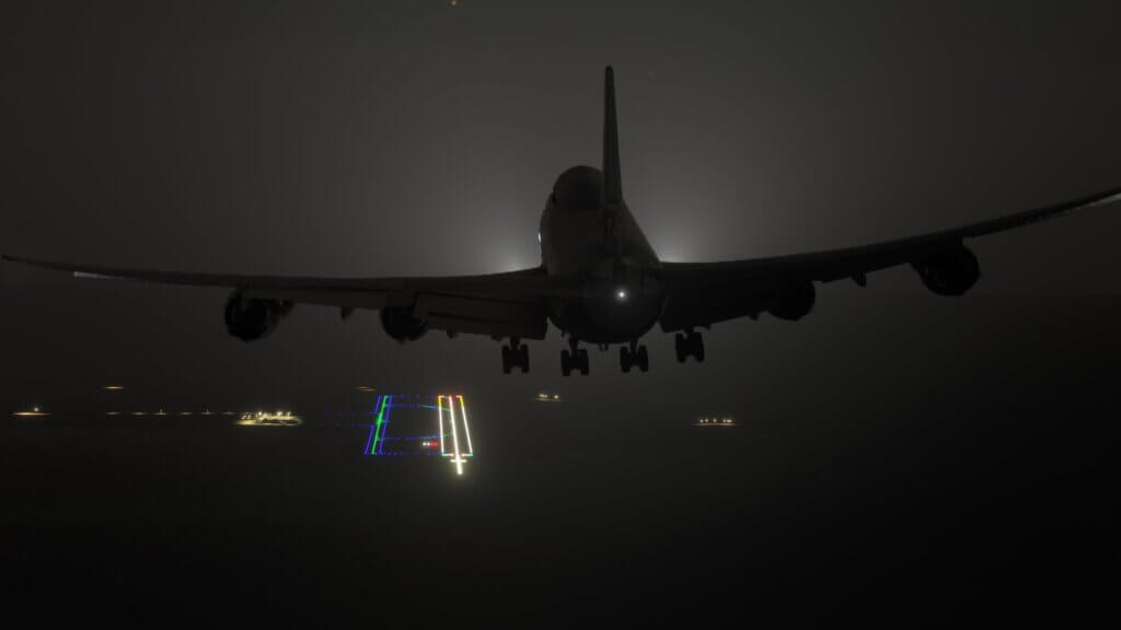 A Boeing 747 on final approach at night