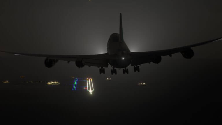 A Boeing 747 on final approach at night