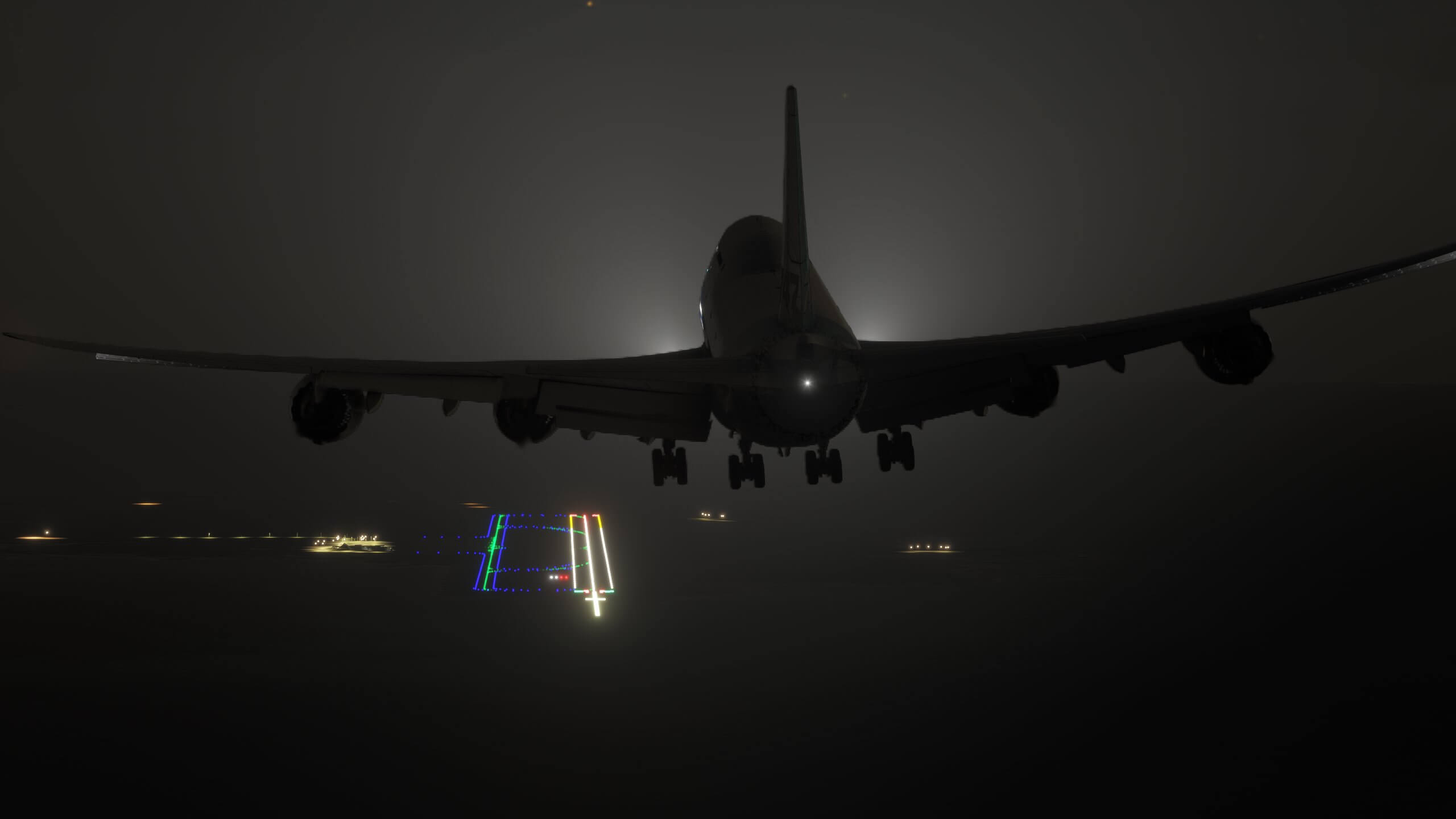 A Boeing 747 on final approach at night