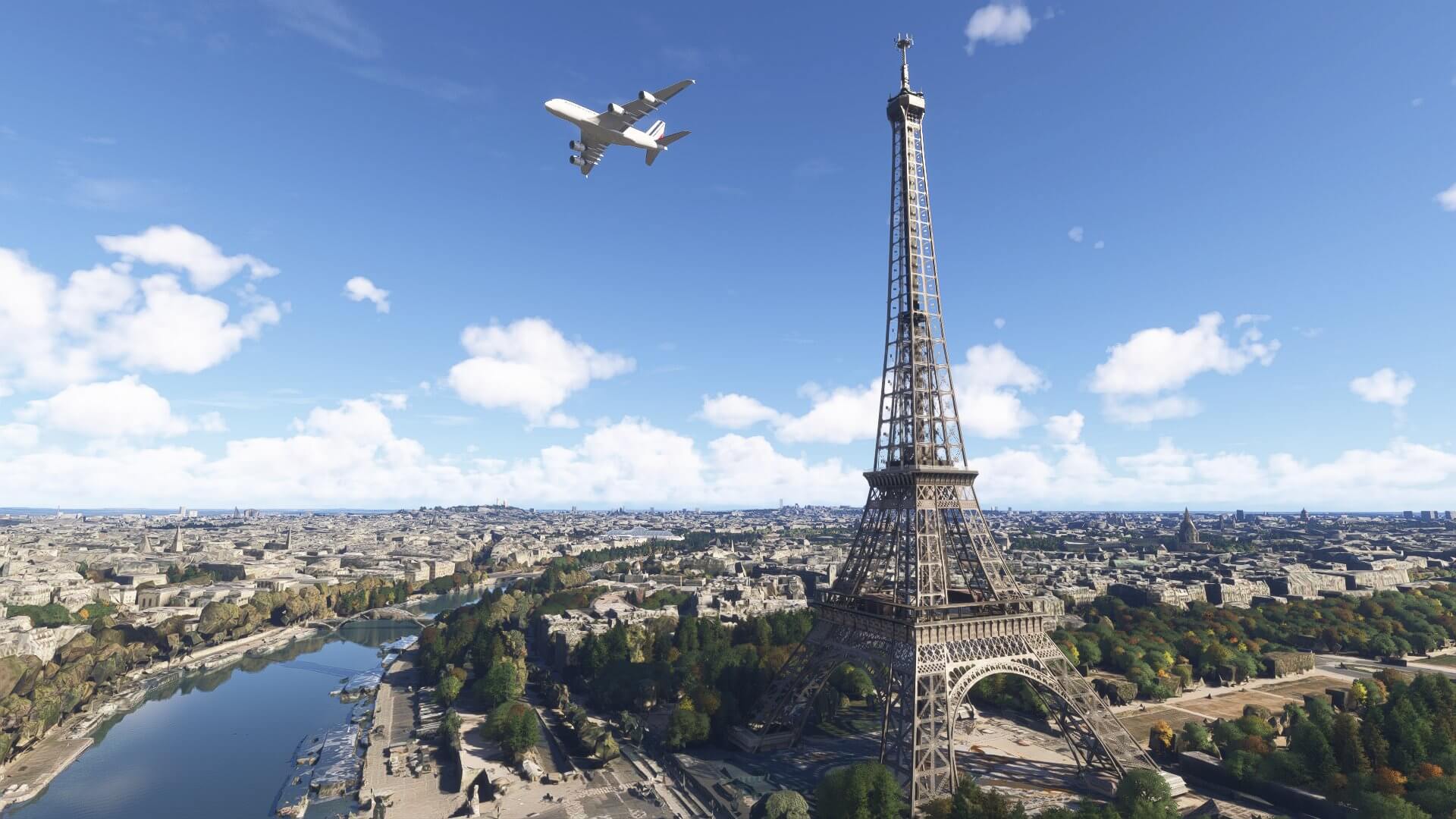 An Airbus A380 flies over the Eiffel Tower, Paris