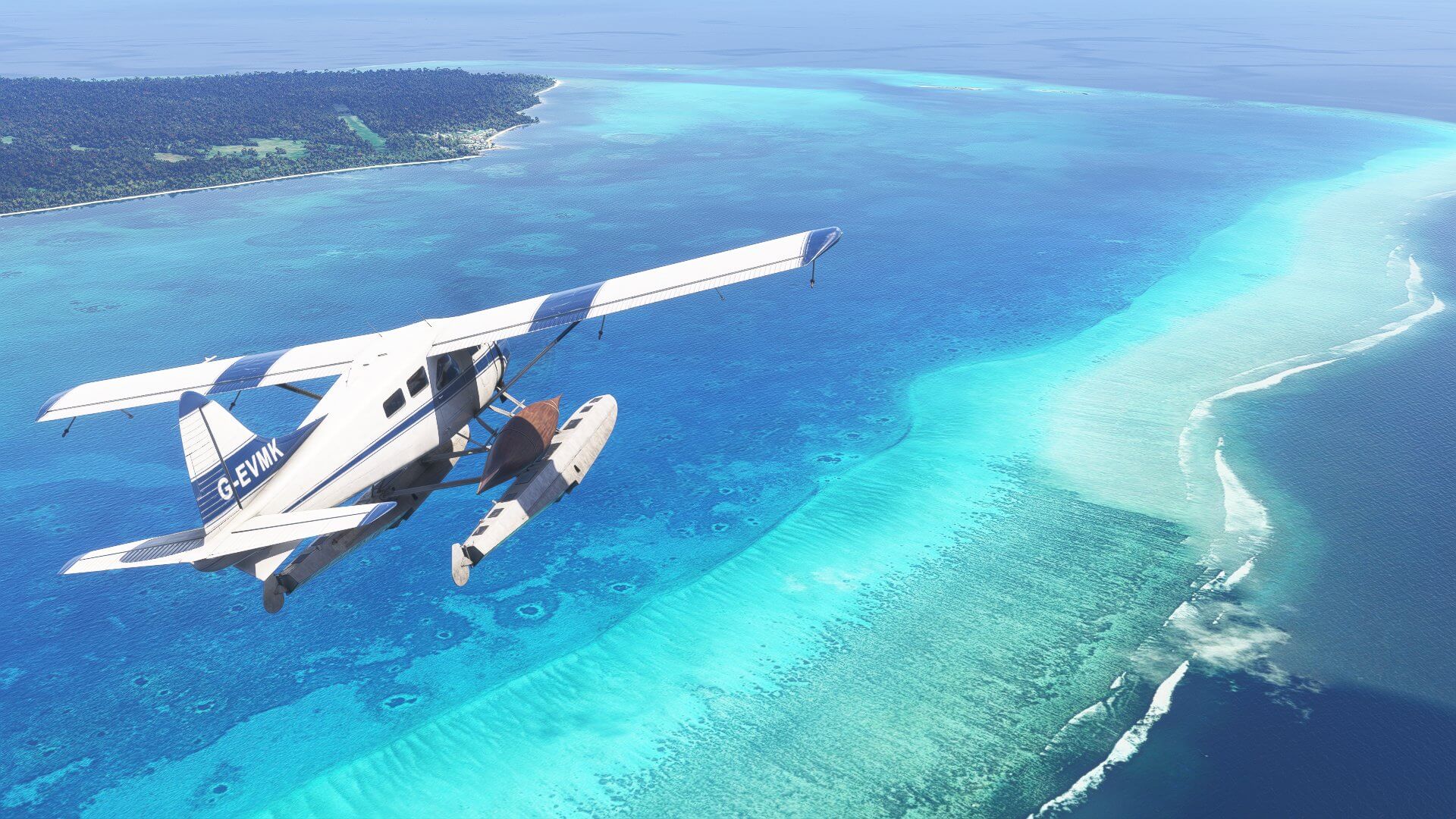 A high wing propeller aircraft flies over water