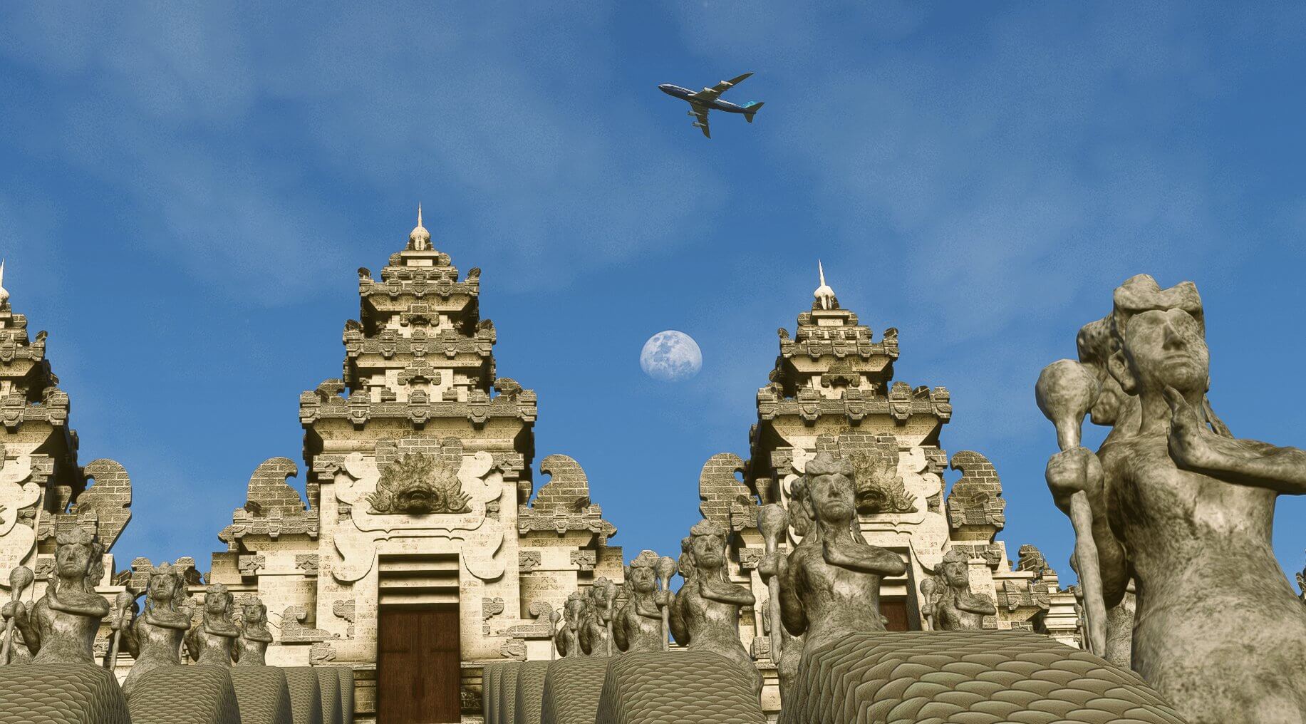 A Boeing 747 flies over an ancient monument with the moon in view