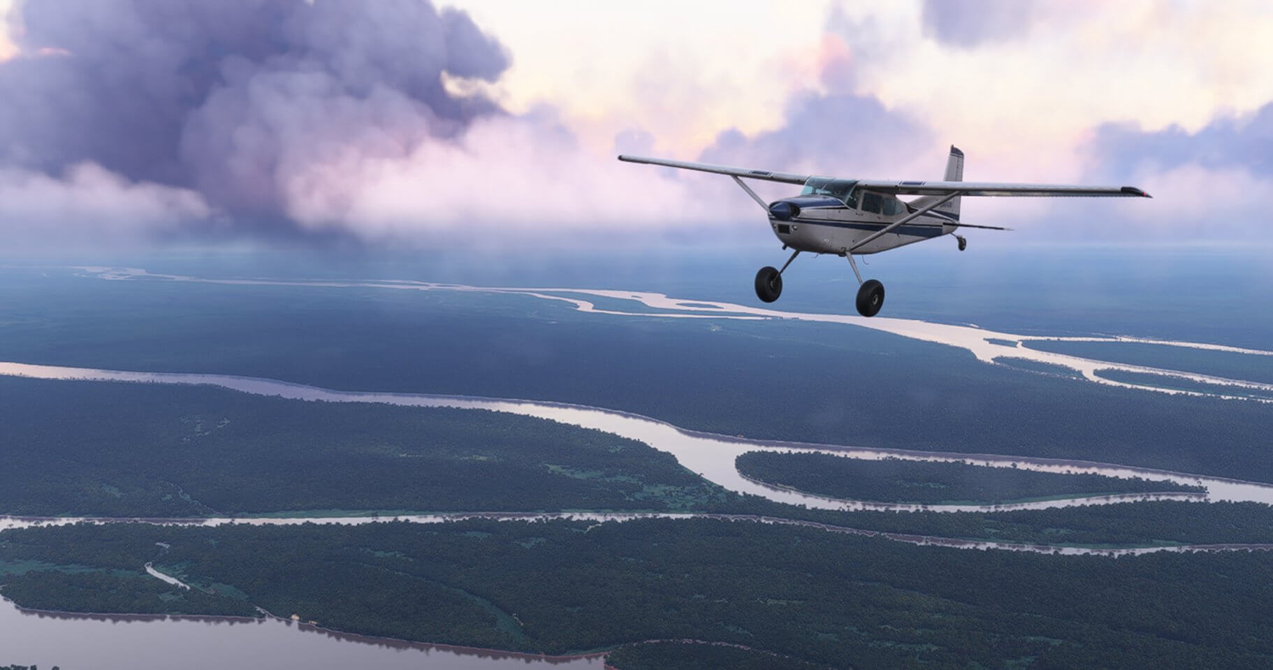 A high wing Cessna cruises over forestry