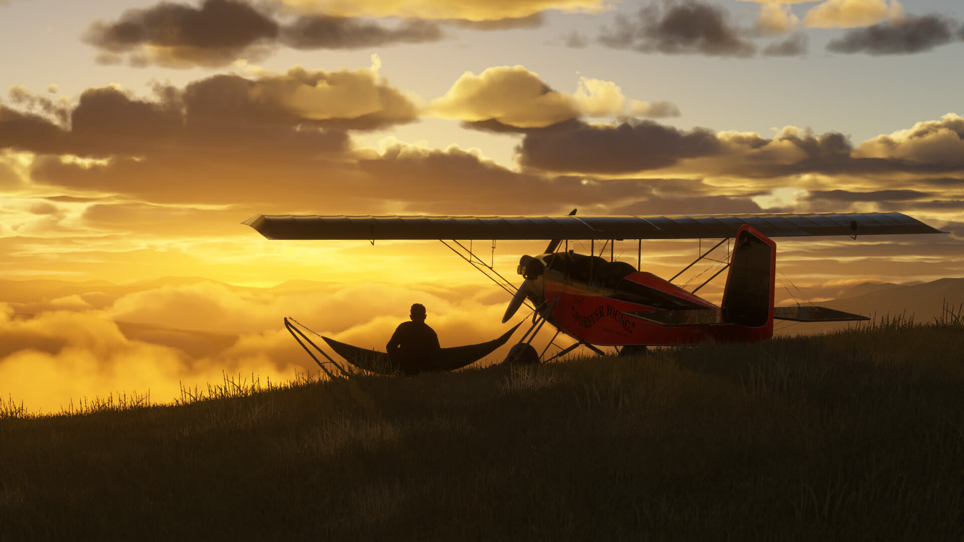 A pilot and their aircraft silhouetted during sunset