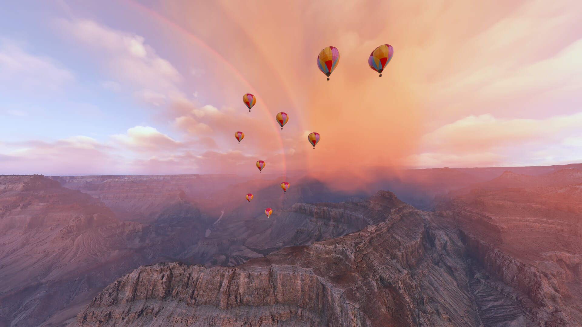 A group of hot air balloons in flight over the Grand Canyon