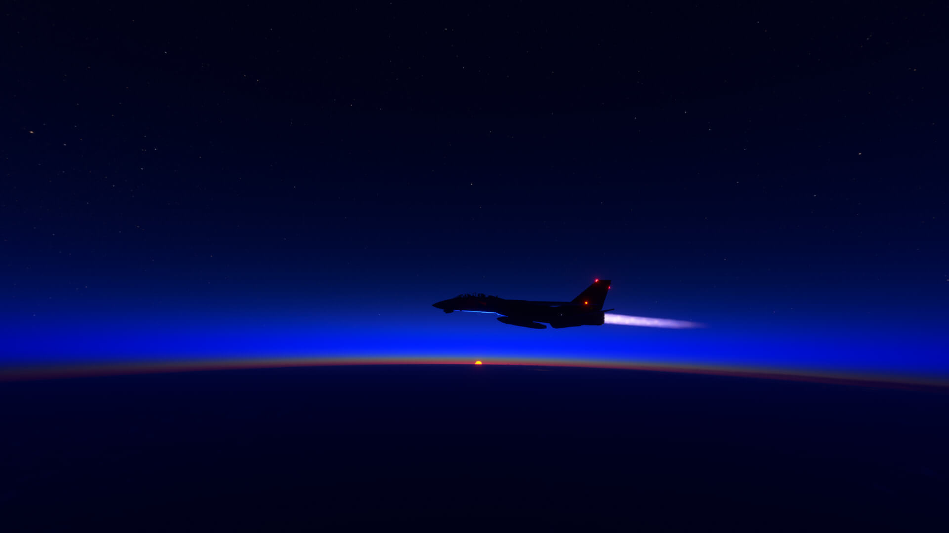 A fighter jet flies with afterburners engaged during sunset