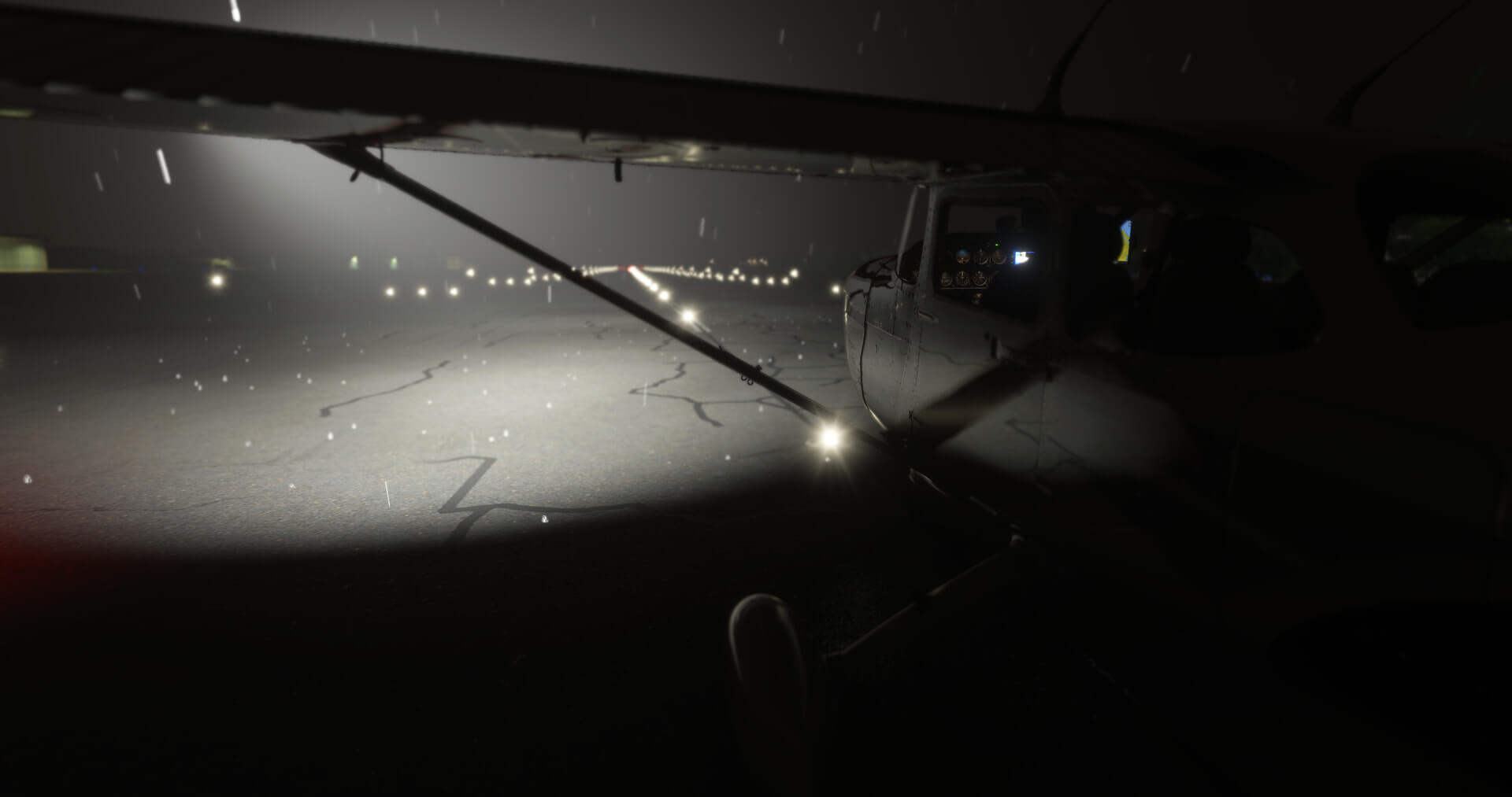 A Cessna 172 lines up for takeoff at night