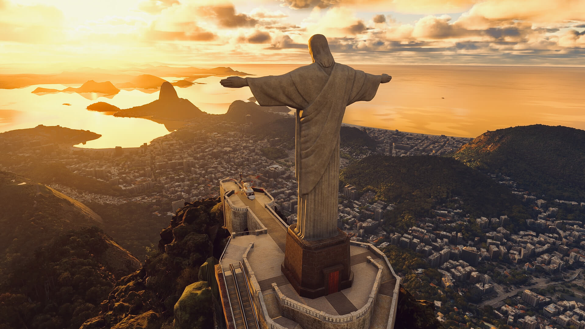 A view of a helicopter parked next to Christ The Redeemer, Rio de Janeiro