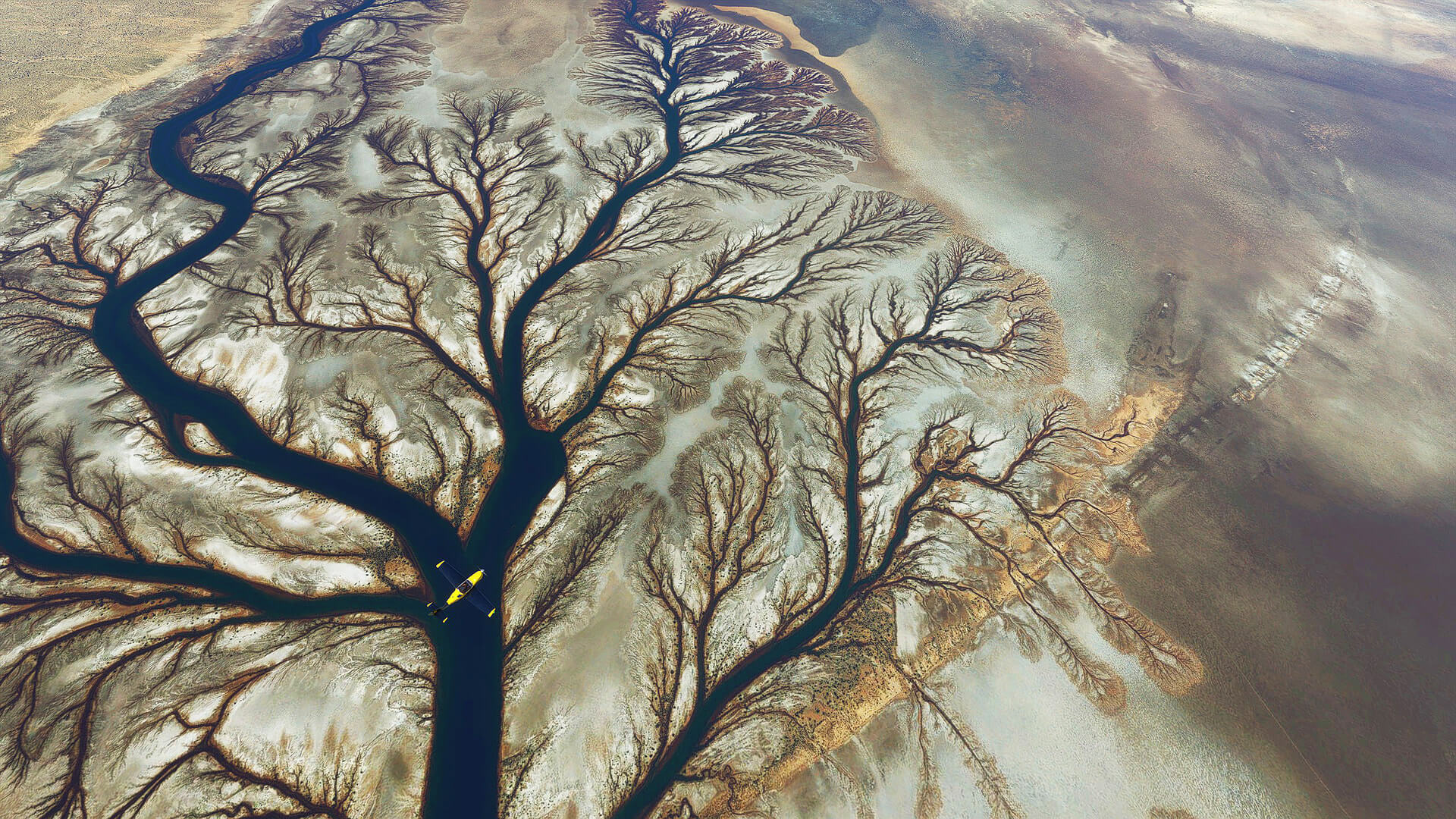 A yellow and blue propeller plane flies over a desert with river splitting off in different directions