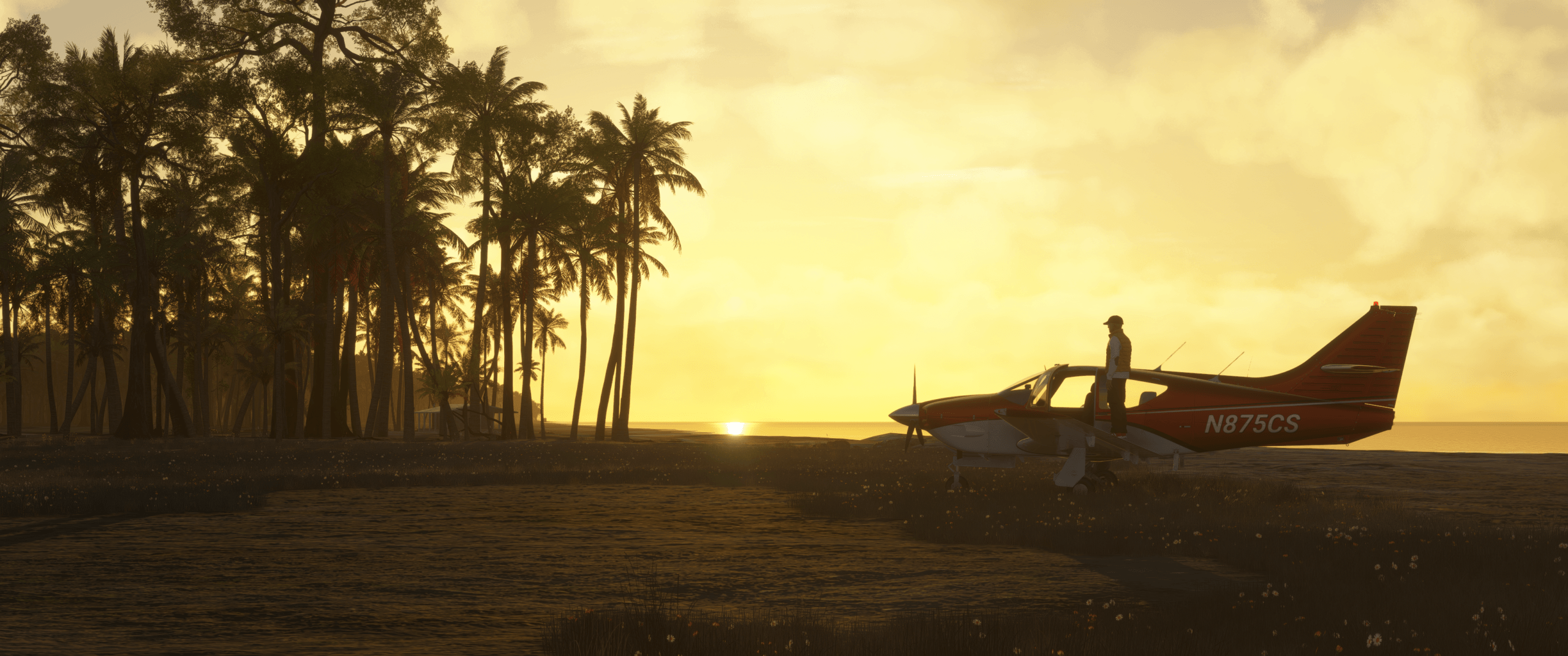 A pilot stands on top of the wing of his propeller aircraft on an island during sunset