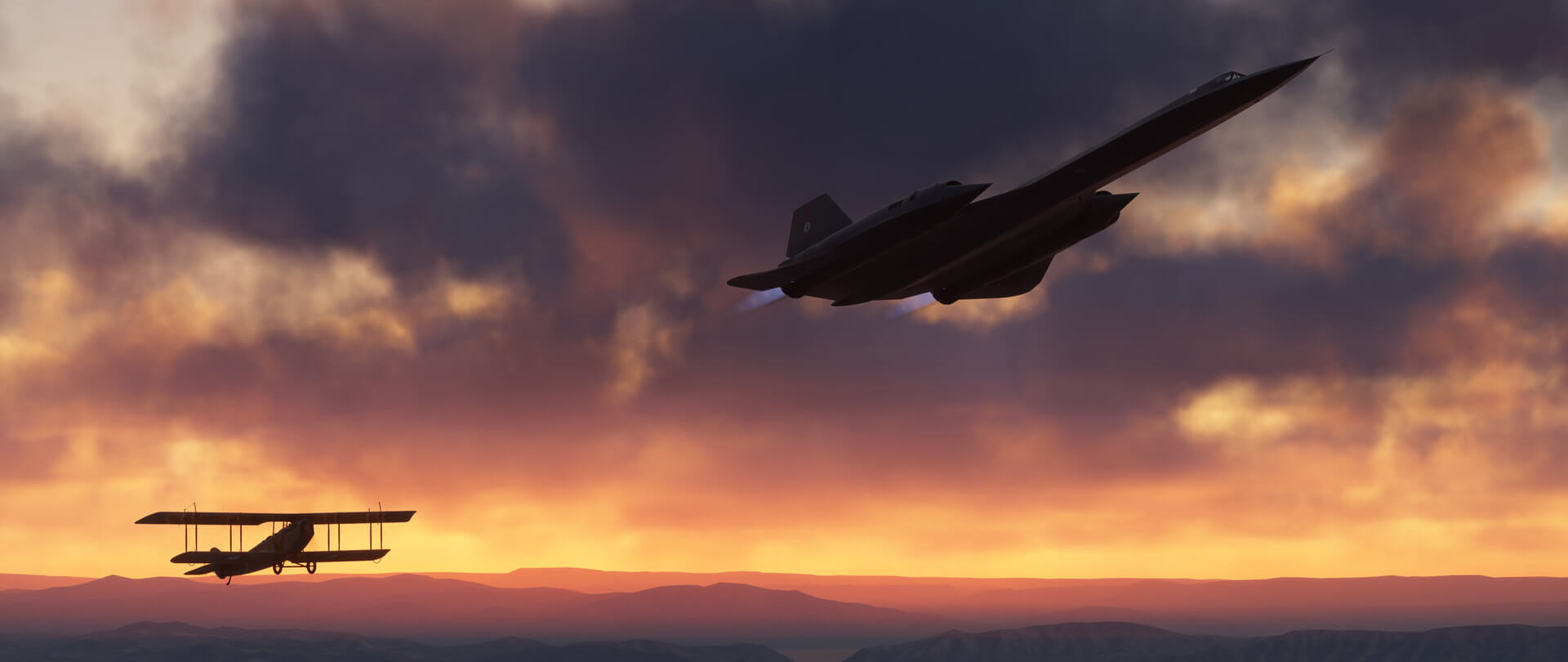 A vintage bi-plane and SR-71 fly in close formation during sunset