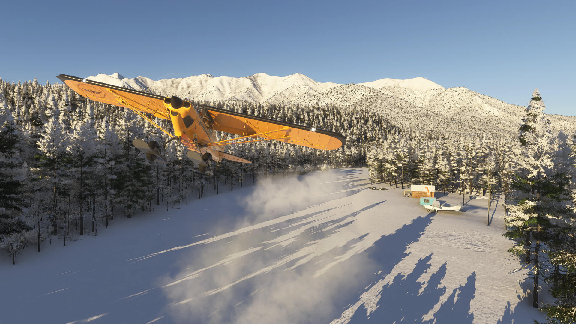 A yellow high wing propeller aircraft taking off from a snowy runway in a forest
